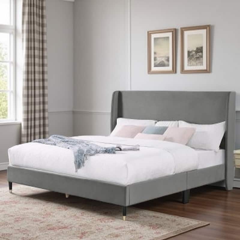 Queen Upholstered Platform Bed in Velvet with Wingback Headboard and Gold-Tipped Legs, Modern Low-Profile Design - Queen Gray - Queen