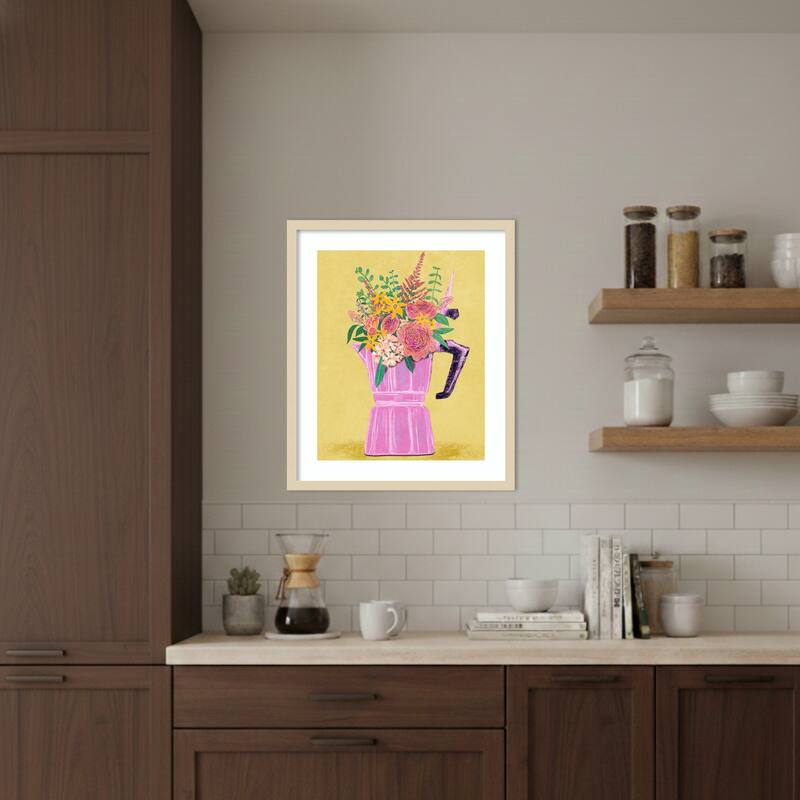 Espresso Maker with Flowers by Raissa Oltmanns Wood Framed Wall Art Print