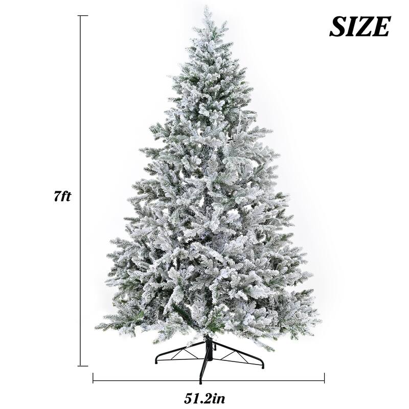 7ft Snow Flocked Artificial Christmas Tree with Hinged Branches, PE PVC Tips and Metal Stand