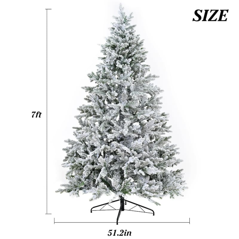 Premium 7FT Snow Flocked Hinged Artificial Christmas Fake Spruce with Fluffy Branch White Snow Tips and Metal Stand