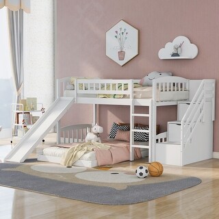 Stairway Twin over Twin Wooden Bunk Bed with Two Drawers & Slide - Functional Kids' Bedroom Furniture