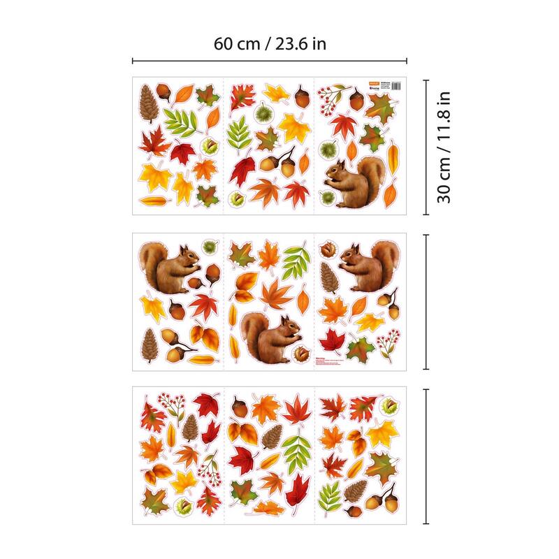 WALPLUS Autumn Leaves With Squirrel Thanksgiving Window Clings Window Decoration Double Sided Reusable Removable Electrostatics