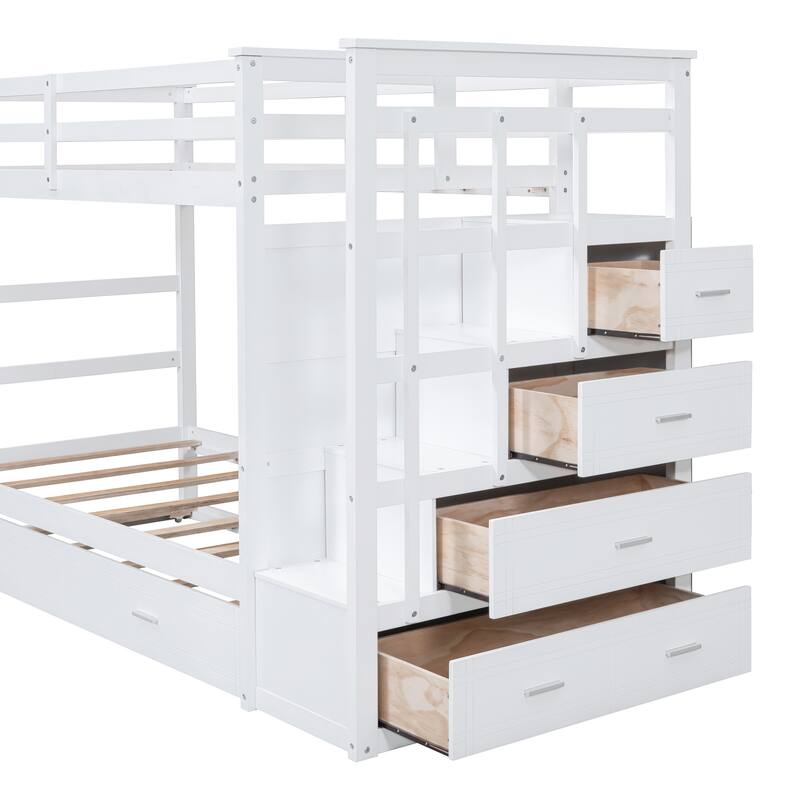 Staircase Bunk Bed with Twin Size Trundle, Storage Stairs and Full Length Guardrail, Solid Wood Bunk Bed, No Spring Box Needed