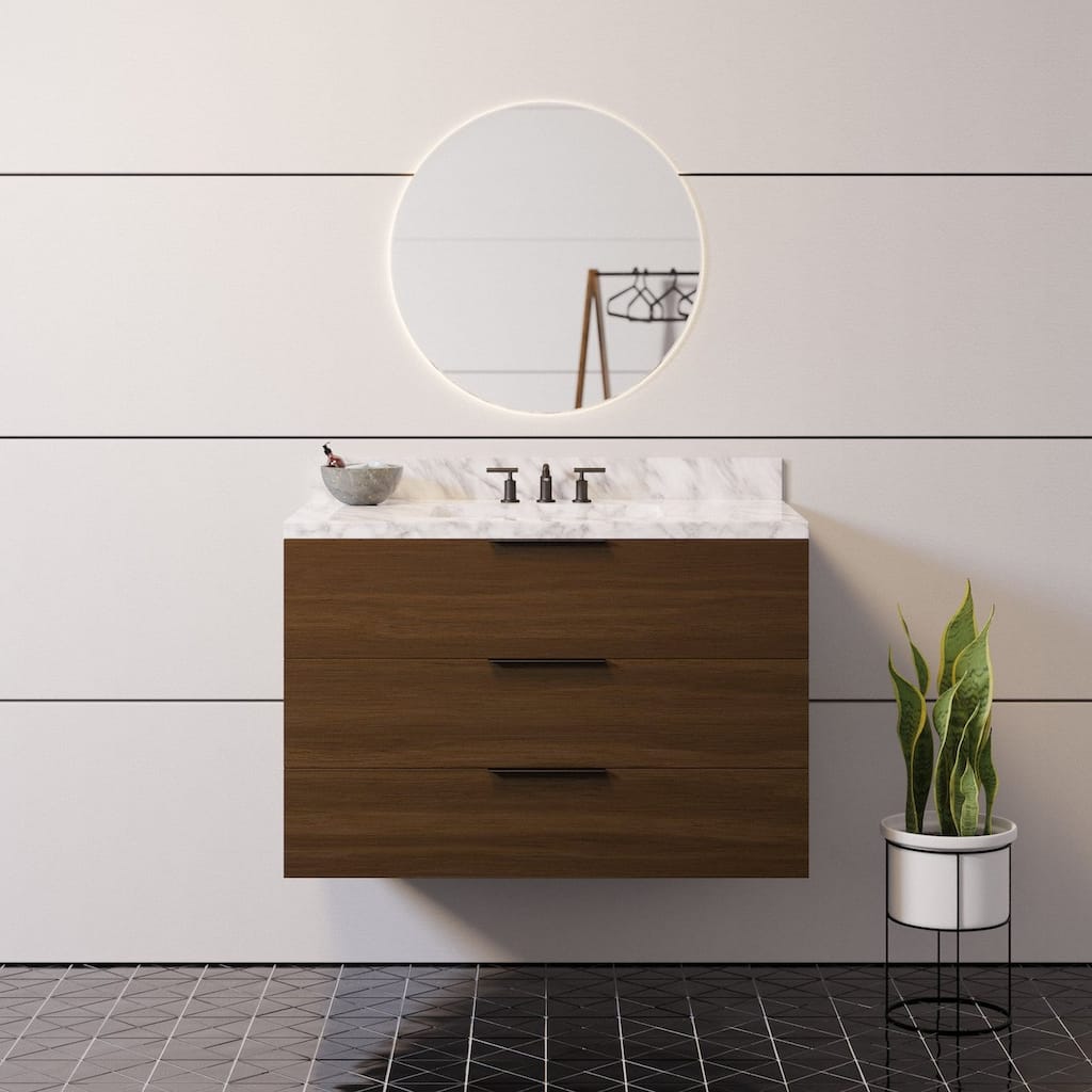 KitchenBathCollection Oslo 36" Floating Wall-Mounted Bathroom Vanity with Carrara Marble Top