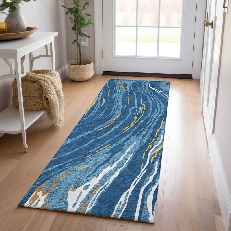 Machine Washable Indoor/ Outdoor Modern Wave Chantille Rug - Navy - 2'3" x 7'6"