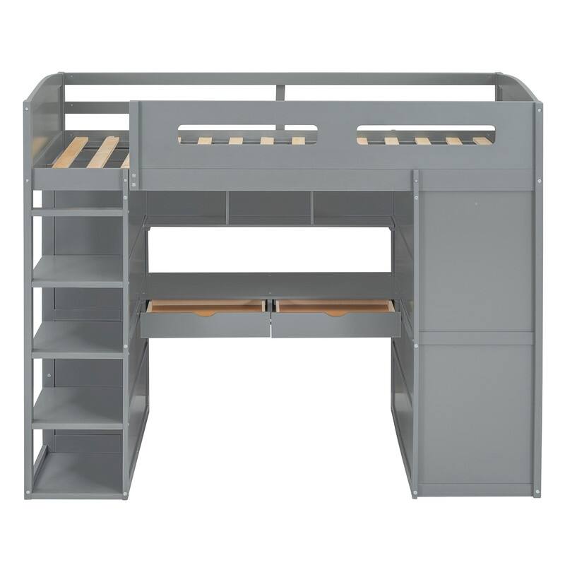 Twin Size Loft Bed with Desk, Wardrobes, 4 Drawers and 4 Shelves