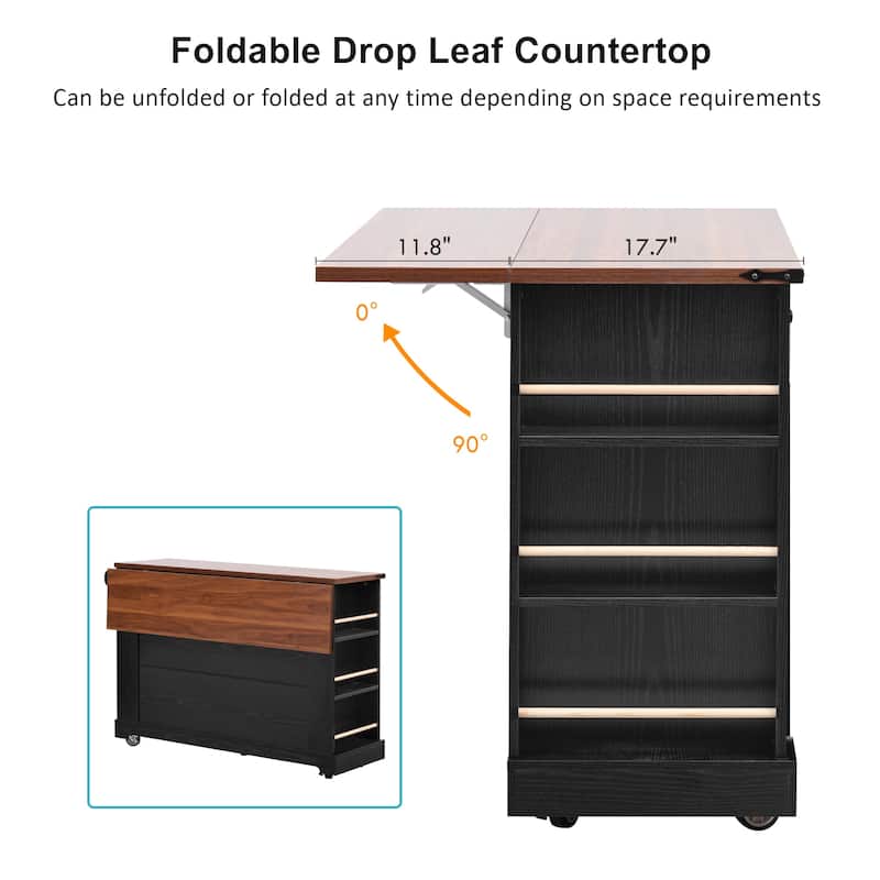 53'' Kitchen Island with Two Tempered Glass Cabinet Doors, Rolling Kitchen Cart on Wheels with Drop Leaf, Power Outlet