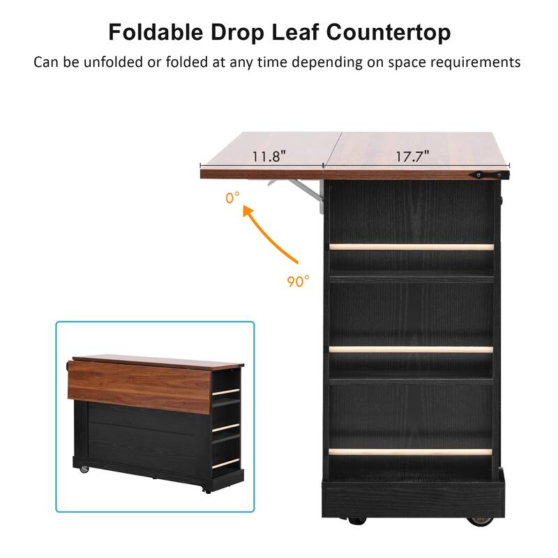 Kitchen Island with Two Tempered Glass Cabinet Doors and Power Outlet, Rolling Storage Cabinet with Drop Leaf, Open Side Racks