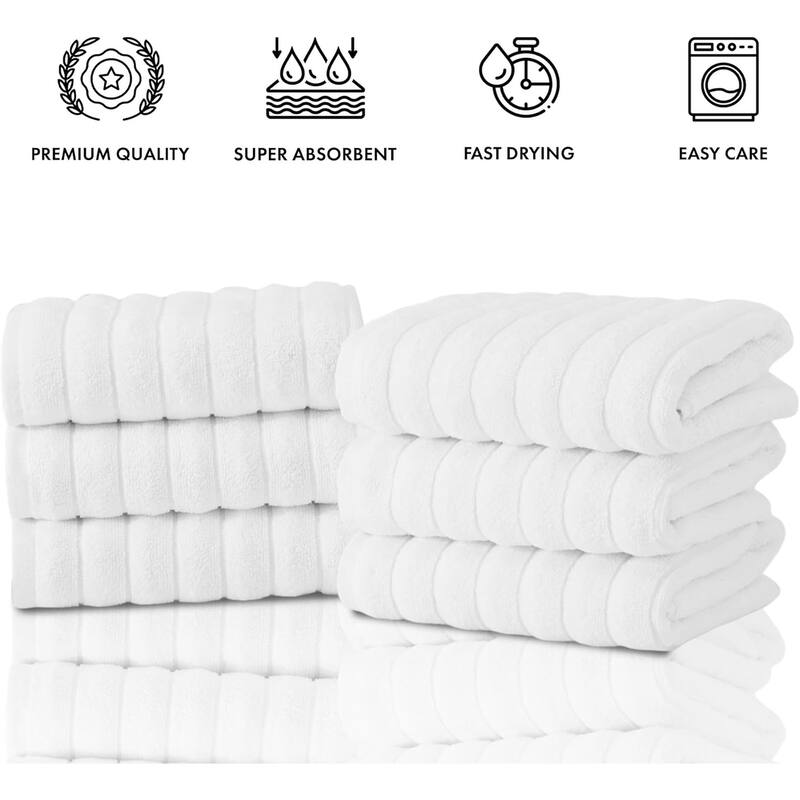CTT Classic White Ribbed Combed %100 Turkish Cotton Quick Dry and Absorbent Hand Towel Set of 6 - 33" L x 20" W