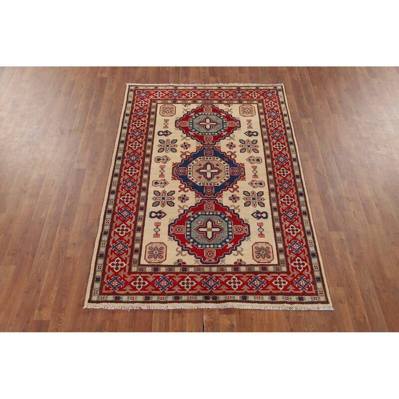 Ivory Geometric Kazak Foyer Rug Handmade Traditional Wool Carpet - 4'1" x 6'0"