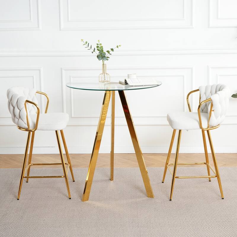 3 Piece Round Tempered Glass Dining Table Set, with Gold-plated Metal Legs