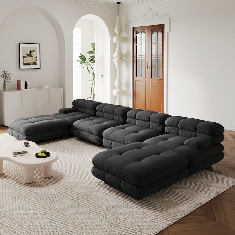 Large Modular Sectional Sofa Teddy Velvet Fabric Upholstery U-Shaped 4 Seater with 2 Ottoman - Black