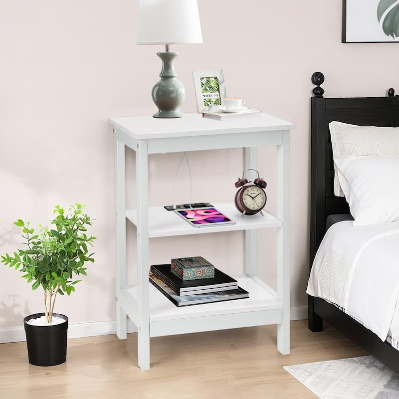 Javlergo 3 Tier Open Shelf Nightstand with Charging Station 2 AC Outlets 2 USB Ports Multipurpose Table for Bedroom Living Room - White