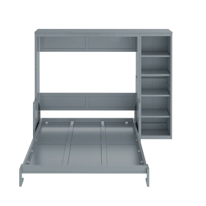 Space-Saving Full Size Murphy Bed with Built-in Desk and Bookshelves in Gray