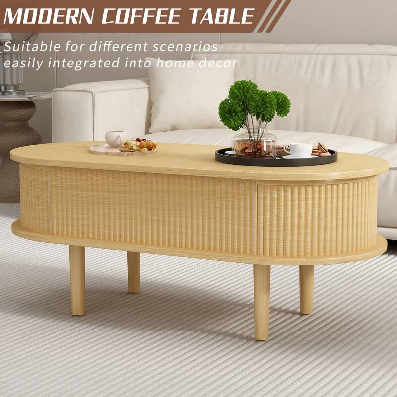 Fluted Lift Top Coffee Table with Hidden Compartment, Wooden Center Table, Modern Oval Lift Tabletop for Home