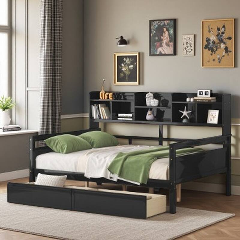 Full Size Wooden Daybed with Storage Drawers and Bedside Shelf, Slatted Support Frame for Bedroom or Living Room - Espresso - Full