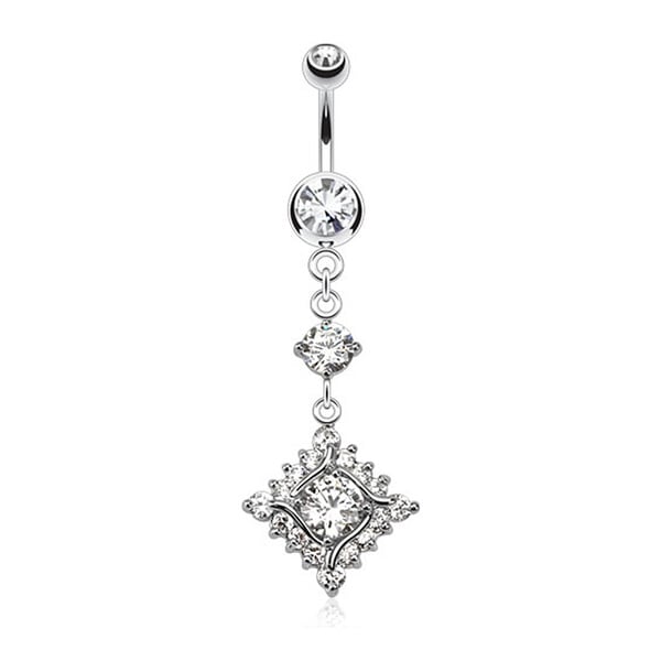Round CZ and Diamond Dangle with Paved CZs 316L Surgical Steel Navel Belly Button Ring