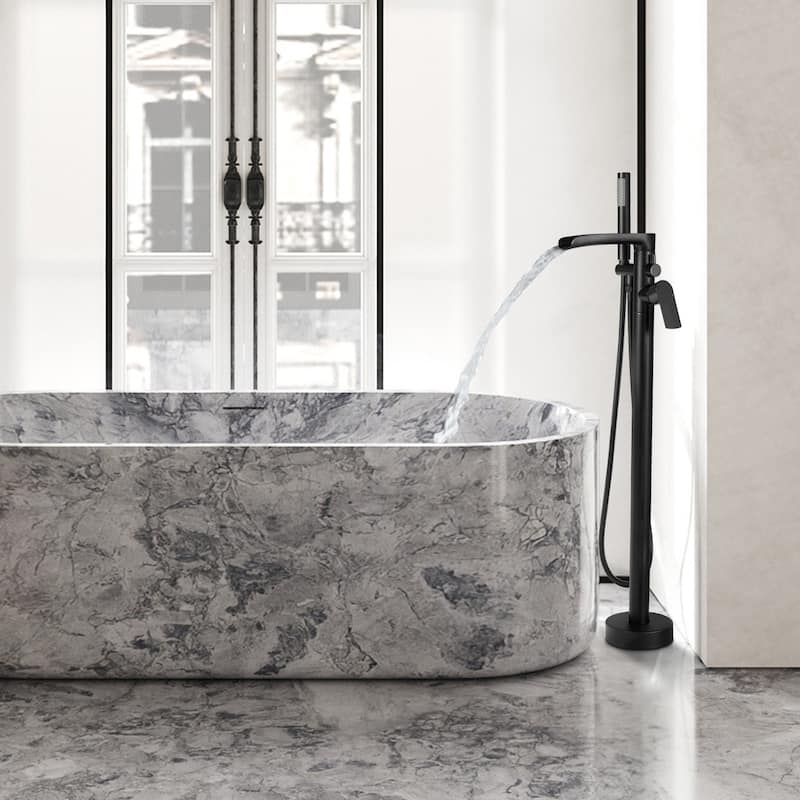 Single Handle Floor Mounted Freestanding Waterfall Tub Filler with Handheld Shower