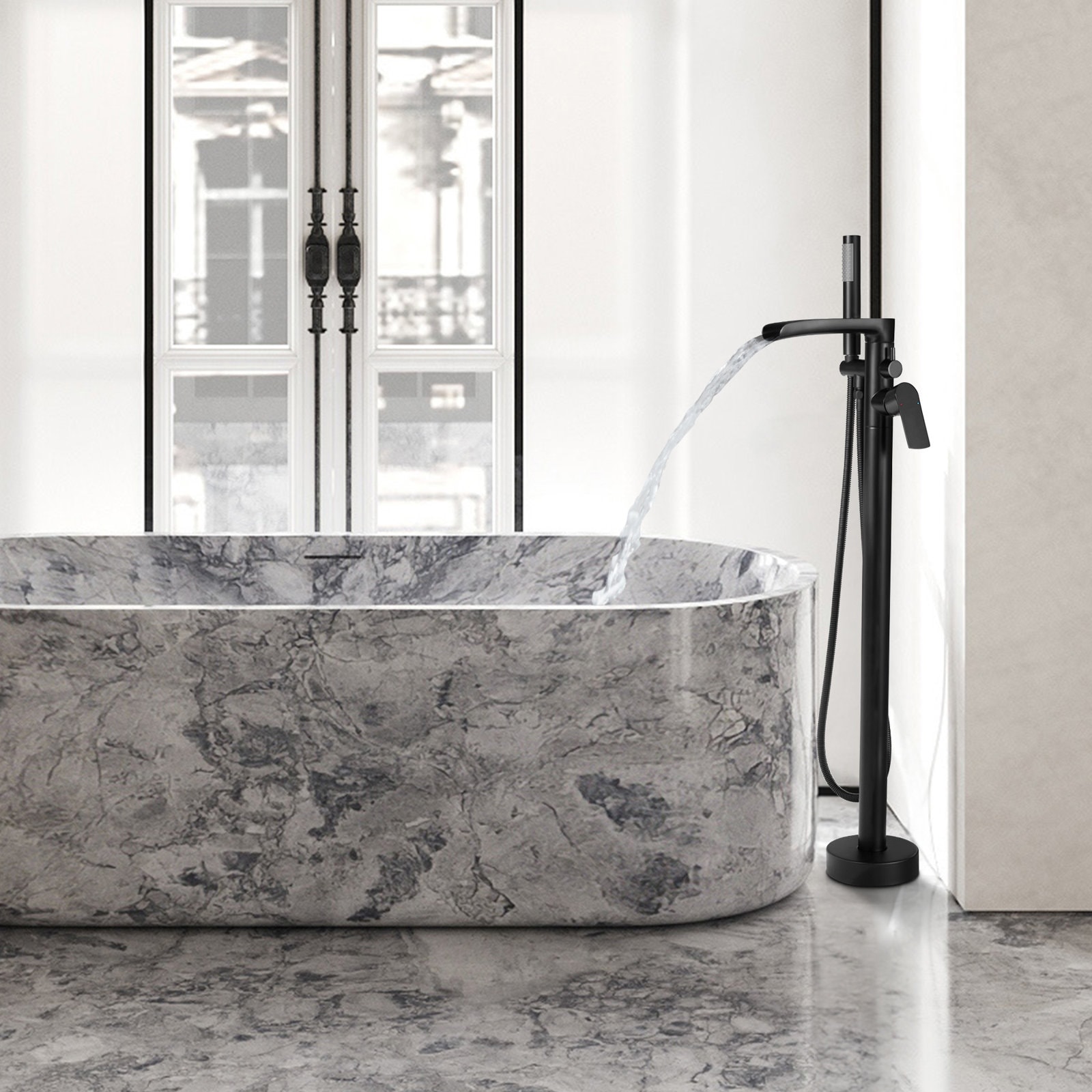Single Handle Floor Mounted Freestanding Waterfall Tub Filler with Handheld Shower