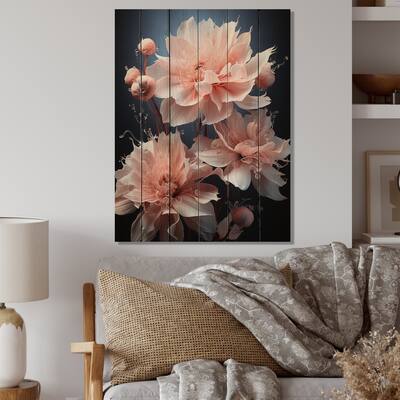 Designart "Pink Black Flowers Muted Peonies Black" Floral Print on Natural Pine Wood