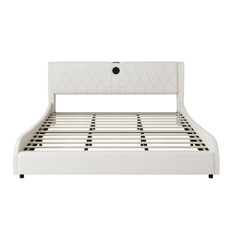 Luxurious Faux Leather Upholstered Platform Bed with Thickened Headboard, tooth Speakers and RGB LED Light