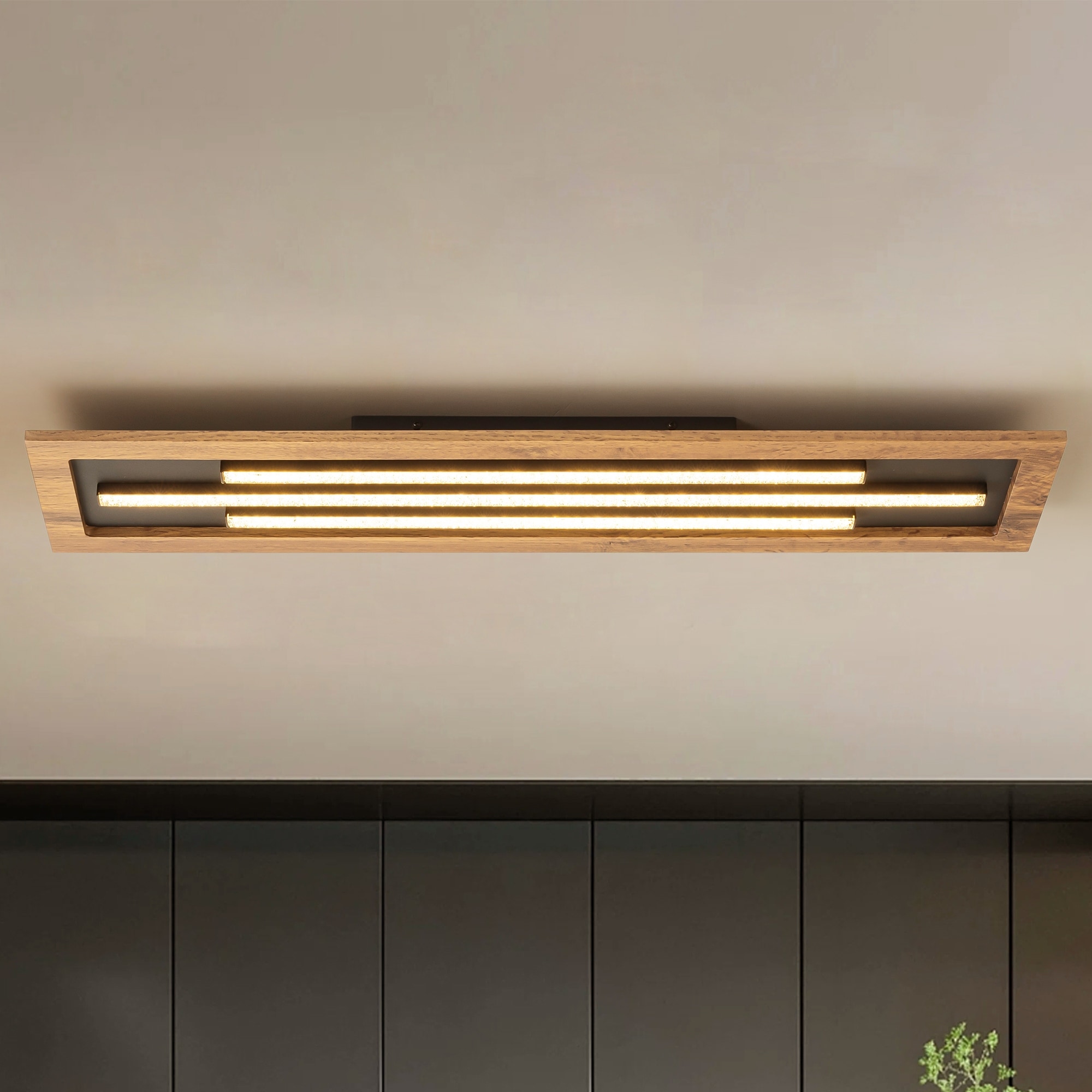 Rennnsan 31.5 in. 30-Watt Modern Black Rectangular Wood Flush Mount Ceiling Light with Finish Panel and LED Strip Accents