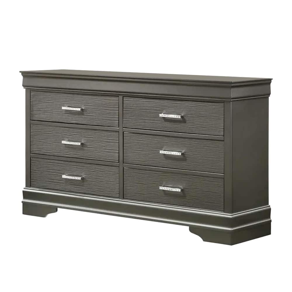 6 Drawers Wooden Dresser with Bar Pull Handles in Dark Gray