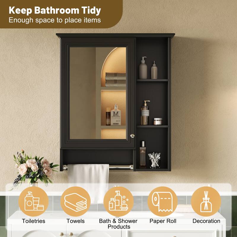 24 Inch Wall Mounted Medicine Cabinet with Mirror, Adjustable Shelf and Towel Bar, Bathroom Storage