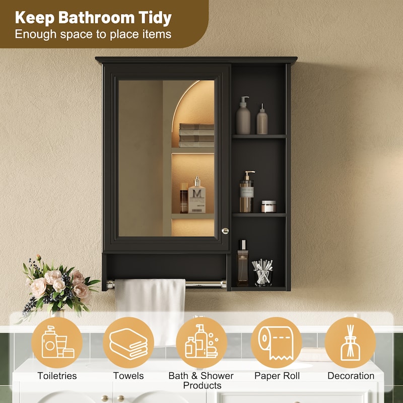 3-in-1 Bathroom Mirror Cabinet, 24-inch Wall Mounted Medicine Cabinet with Adjustable Shelf & Tower Bar