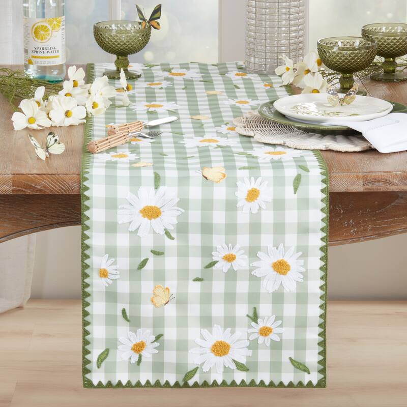Embroidered Gingham Daisy Table Runner - Floral Non-Reversible Table Runner for Dining Table, 16"x70"