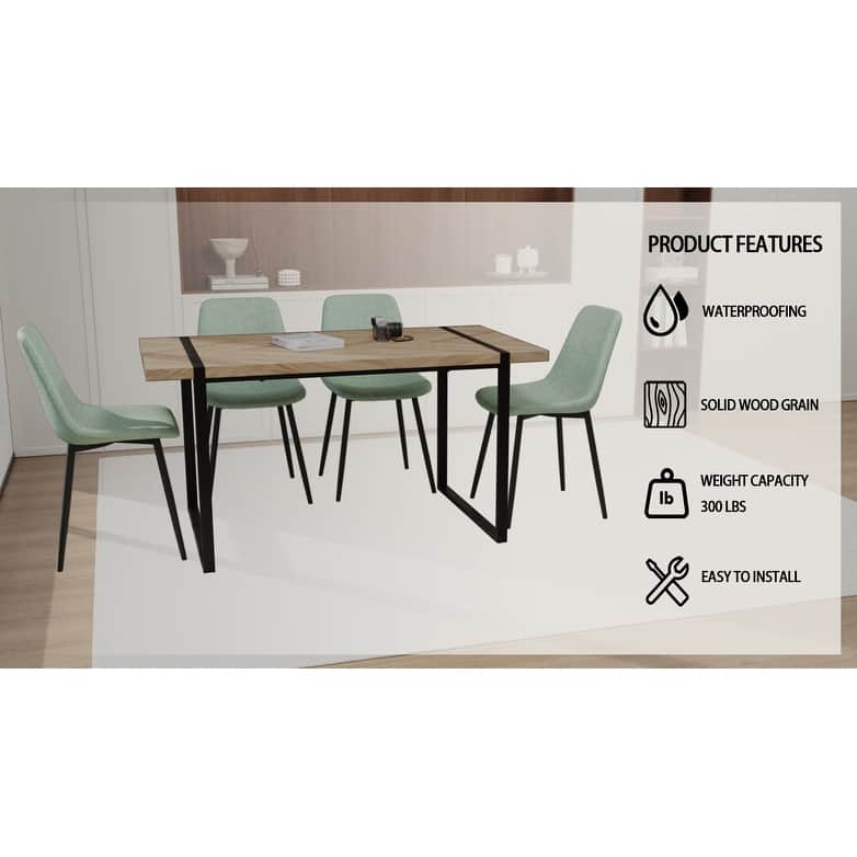 Modern 5-Piece Dining Set with Light Wood Rectangular Metal Base Table & 4 Square Corner Suede Chairs
