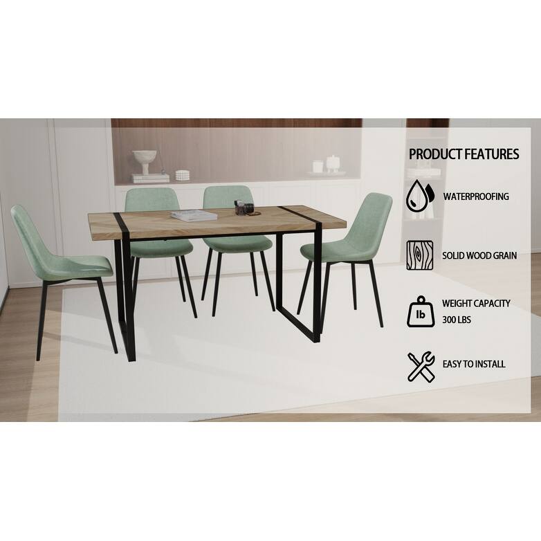 Modern Style 5-Piece Dining Set with Light Wood Rectangular Metal Base Table and 4 Square Corner Suede Dining Chairs