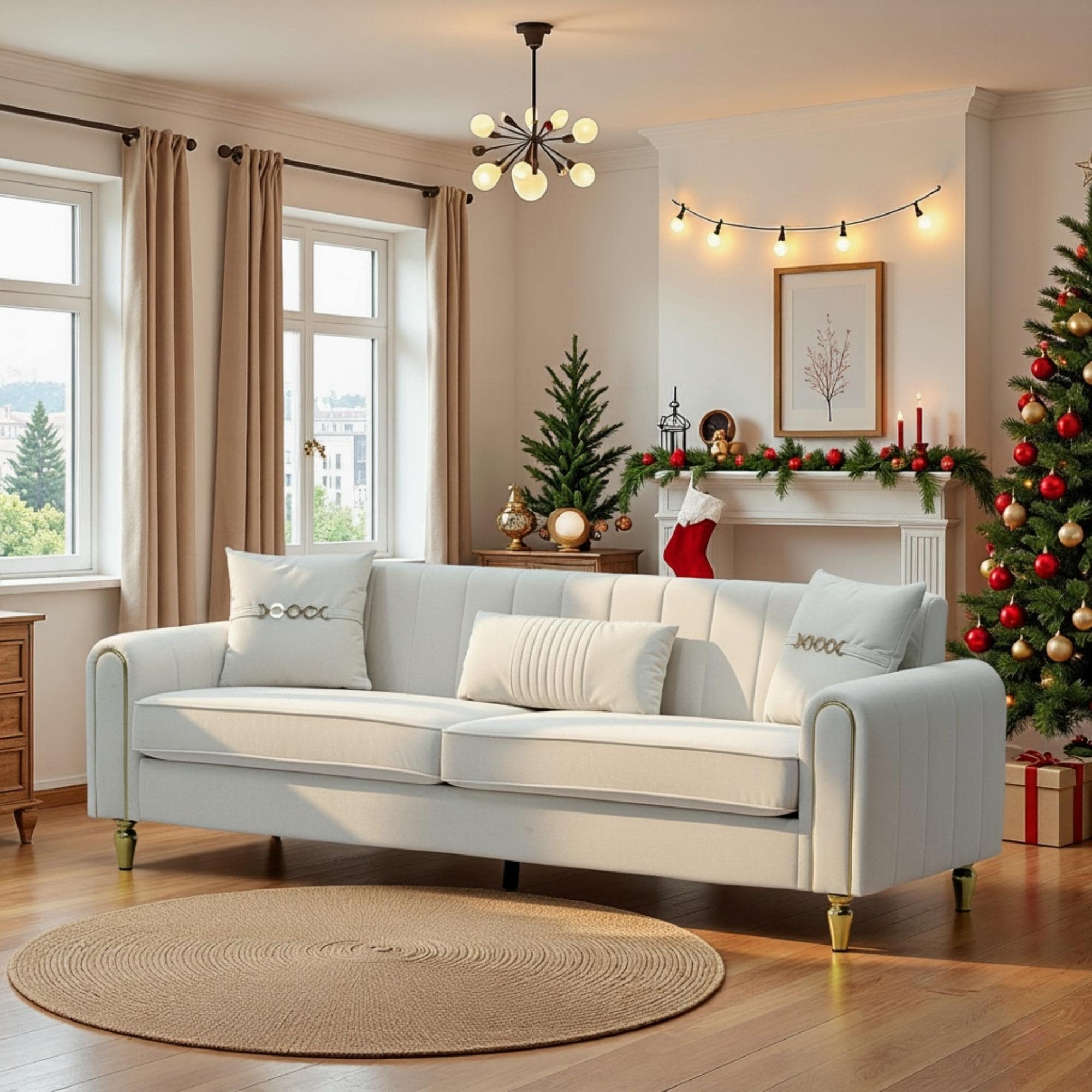 Roomfitters 87.4 Inch 3 Seater Elegant Modern Upholstered Sofa with Gold Metal Trim, Vertical Channel Tufted Back