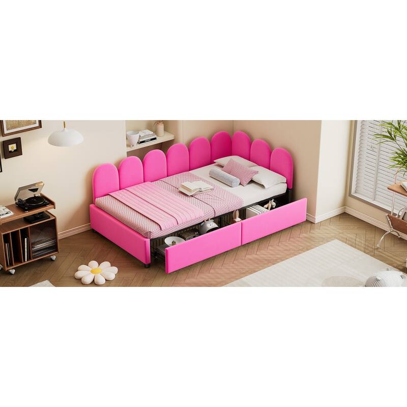 Twin Size Velvet Upholstered Daybed with Two Drawers and Soft Headboard