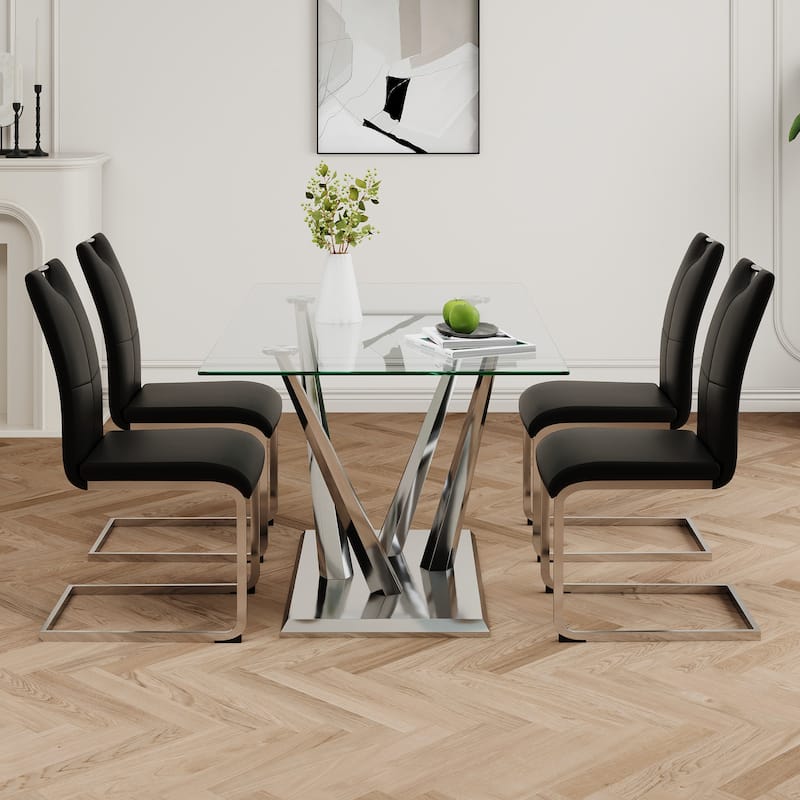 63" Glass Dining Table Set for 4, 5 Piece Dining Table and Chairs Set, Rectangular Table with 4 Faux Leather Chairs & Metal Legs