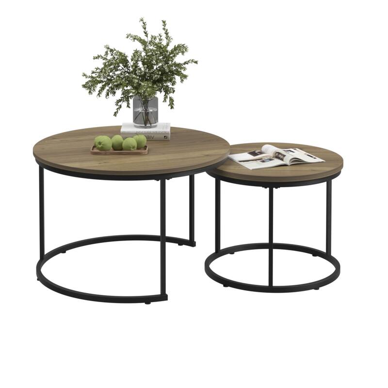 Nesting Coffee Table Round Coffee Table Tea Table Side Table with Metal Frame, for Living Room Bedroom Balcony Garden