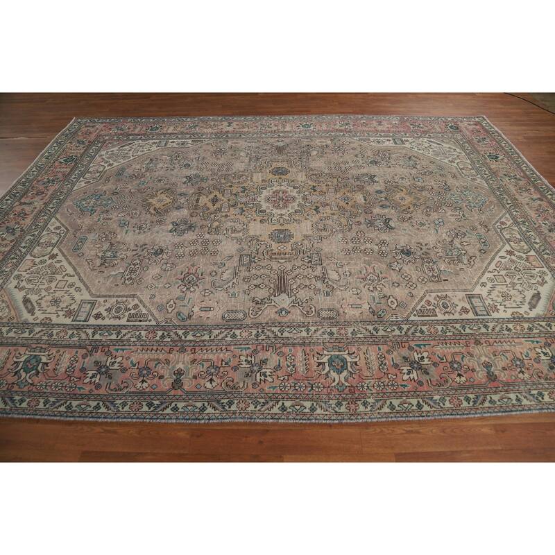 Brown Geometric Tabriz Persian Area Rug Hand-Knotted Wool Carpet - 8'2"x 11'1"