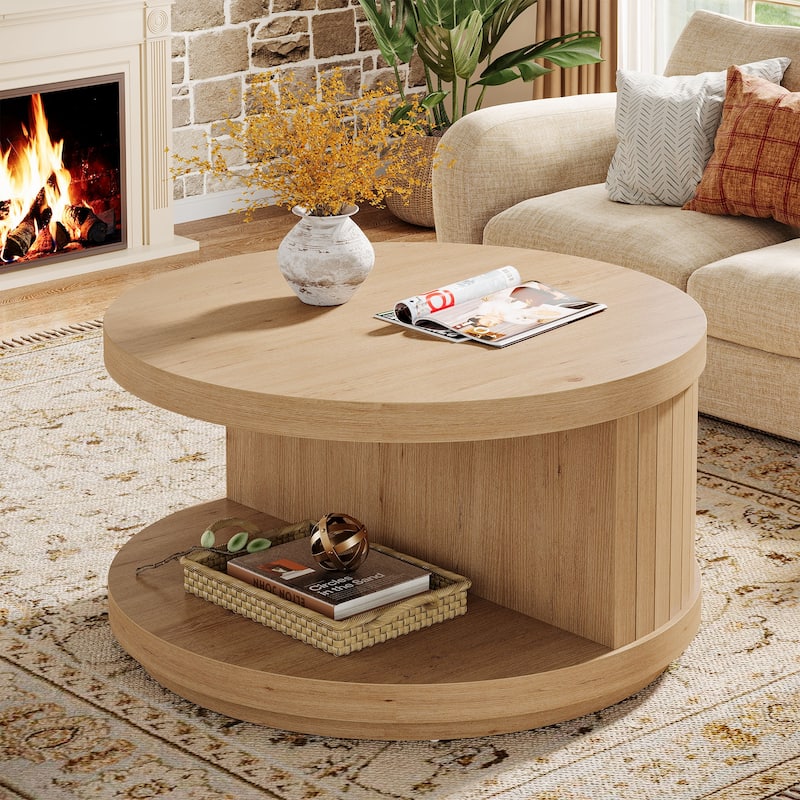 31.5" Round Industrial Coffee Table with Storage - Wood - Oak