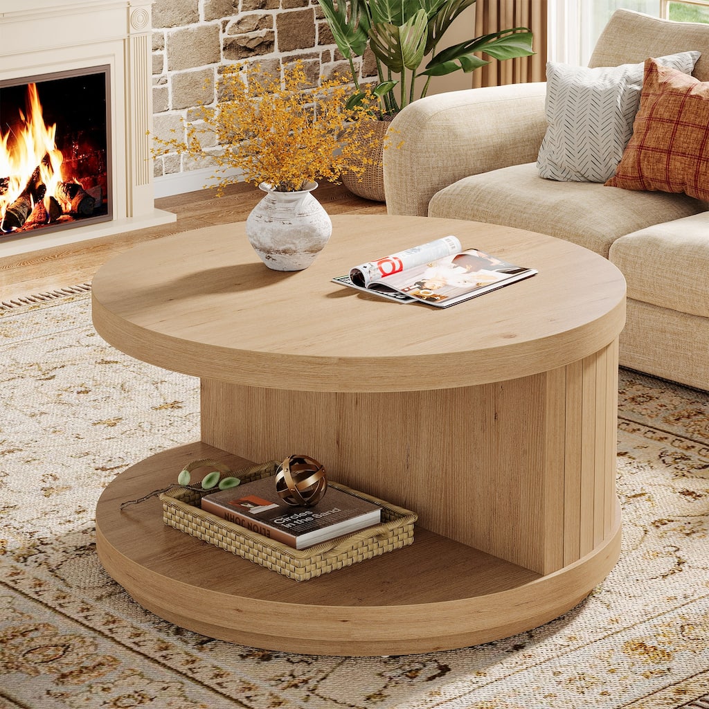 31.5" Round Industrial Coffee Table with Storage