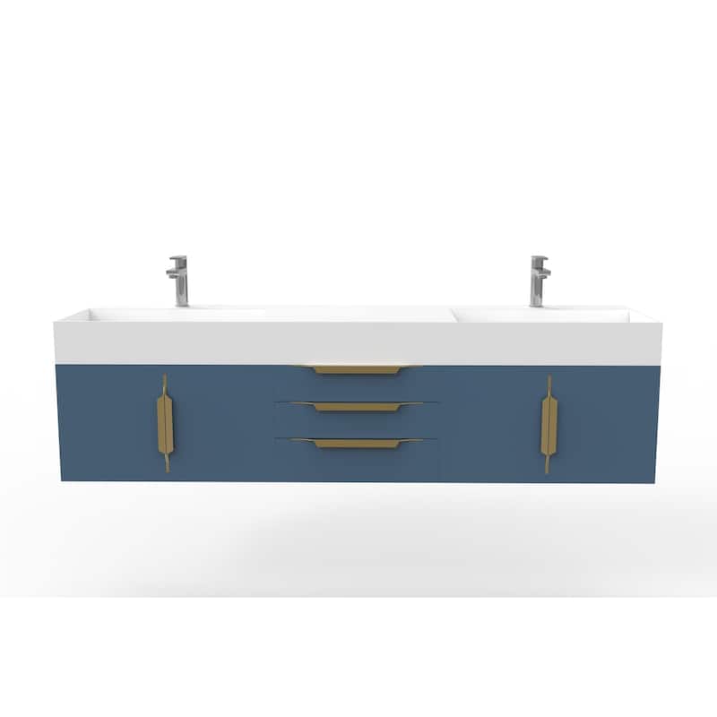 Amazon 72" Wall Mounted Bathroom Vanity Set w/ White Top - Blue - Gold Finish