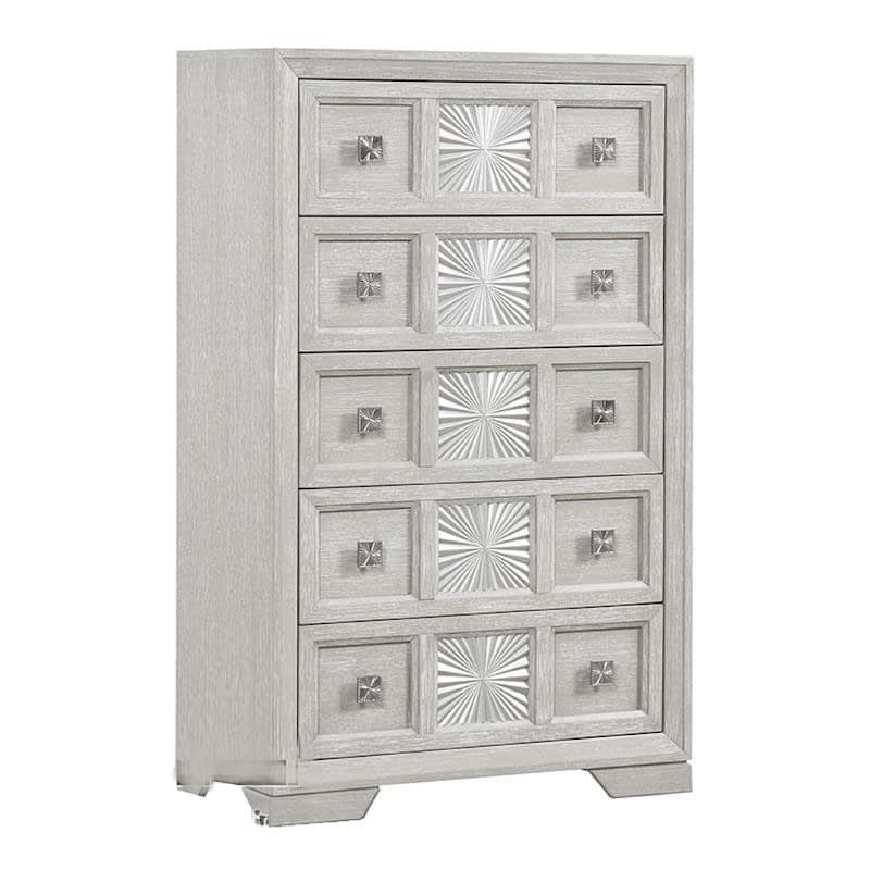 Diaz Tall Dresser Chest, 5 Drawers, Sunburst Metal Design, Light Gray