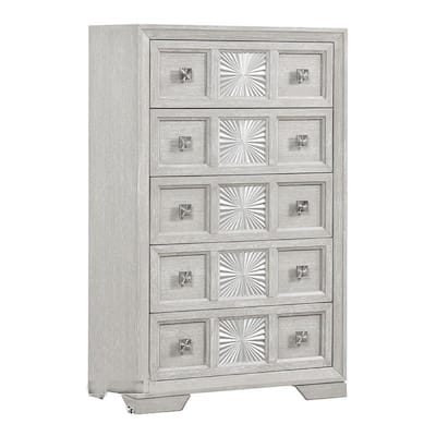 Diaz Tall Dresser Chest, 5 Drawers, Sunburst Metal Design, Light Gray