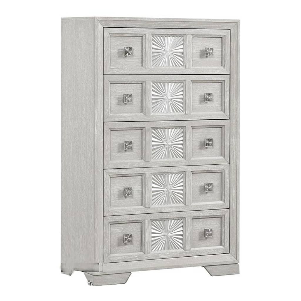 Diaz Tall Dresser Chest, 5 Drawers, Sunburst Metal Design, Light Gray