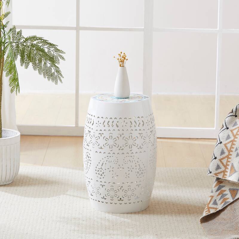 18.25" Modern Round Side Table with Boho Pattern Ceramic Tile Top and Unique Color Iron Frame