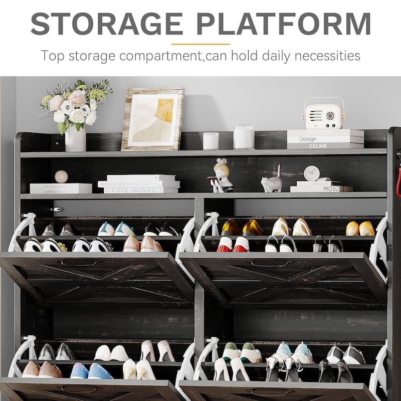 Moasis 4 Flip Drawers Farmhouse Shoe Storage Cabinet 24 PairsFreestanding Shoe Organizer - 47.2"L x 9.4"W x 43.3"H