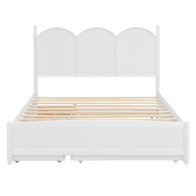 Queen Platform Bed with Twin XL Trundle and Dual Storage Drawers, Solid Wood Frame, Curved Headboard, Space-Saving