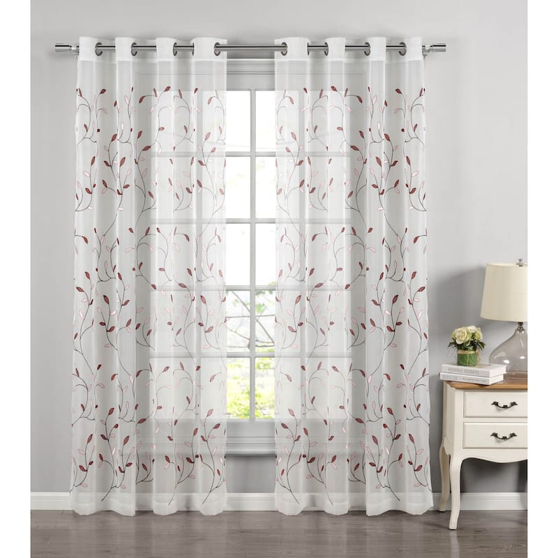 Wavy Leaves Embroidered Sheer Extra Wide Window Curtain (Single Panel) - 54 x 84 - Rust