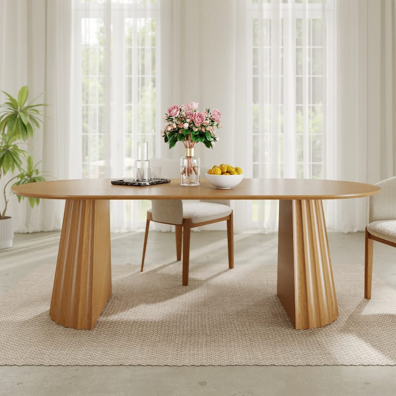 Modern Oval Wooden Dining Table - 79" Large Size, Sturdy Fluted Base, Natural Oak Finish for Dining Room - Oak