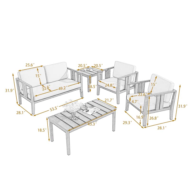 5-Piece Patio Furniture Solid Teak Outdoor Conversation Set