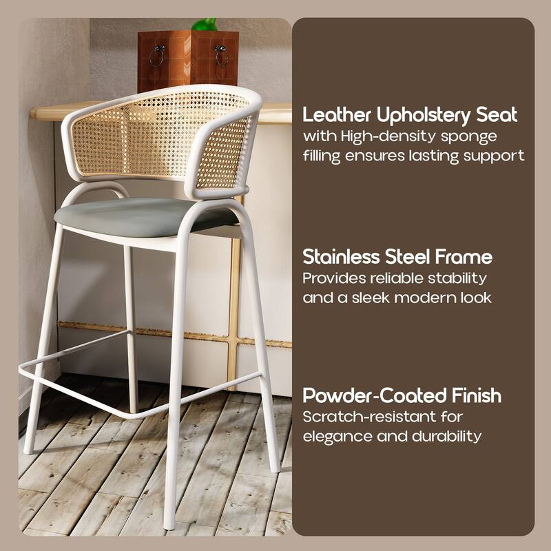 LeisureMod Ervilla Set of 2 Modern Wicker Leather Bar Stool with Curved Back & White Steel Frame for Home Office Dining Room